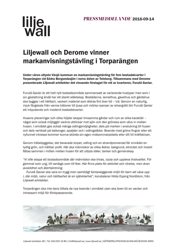 Liljewall och Derome vinner markanvisningstävling i Torparängen, Växjö