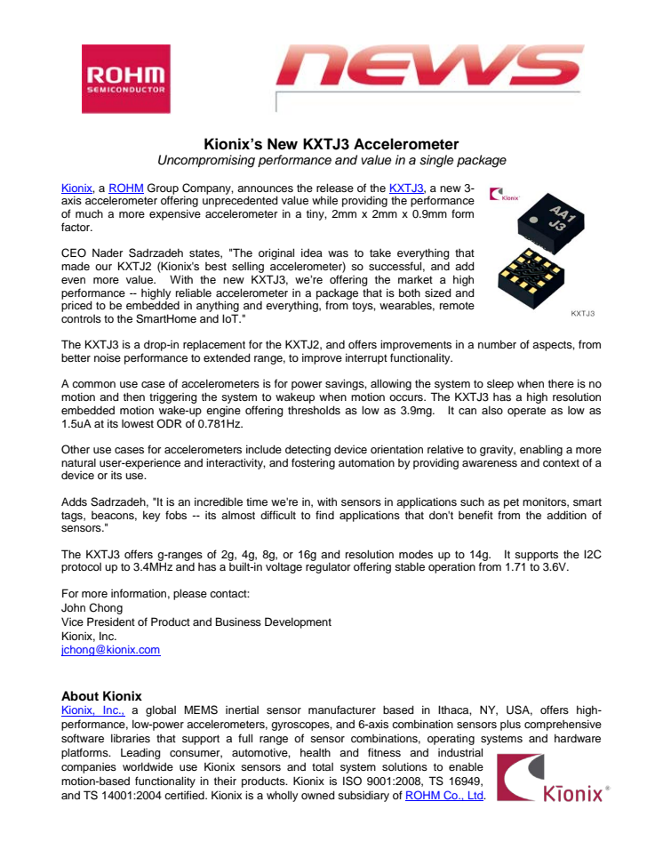 Kionix’s New KXTJ3 Accelerometer --- Uncompromising performance and value in a single package 