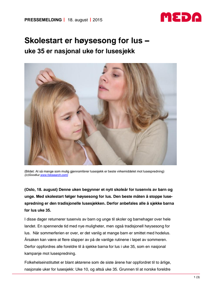 Sjekk barna for lus ved skolestart - uke 35 er nasjonal uke for lusesjekk