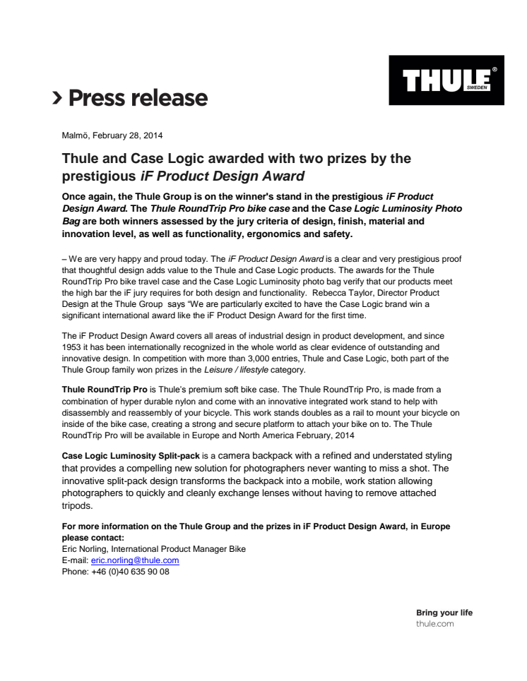 Thule and Case Logic awarded with two prizes by the prestigious iF Product Design Award