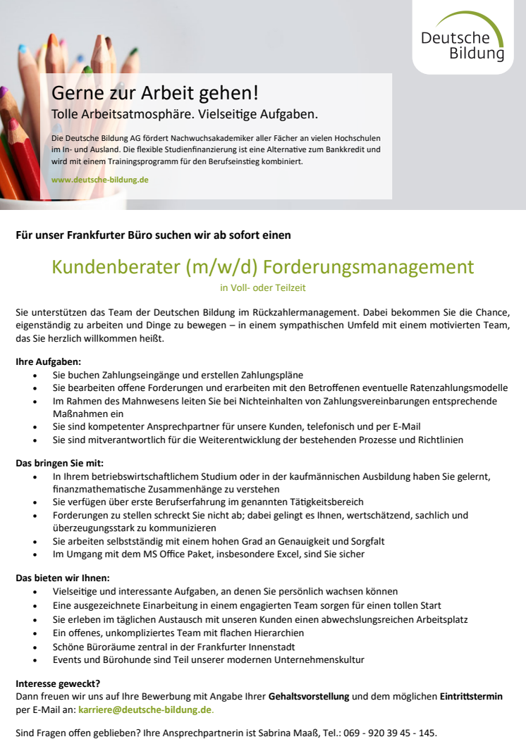 ​In eigener Sache: Wir suchen ein neues Teammitglied (m/w/d) für unser Forderungsmanagement