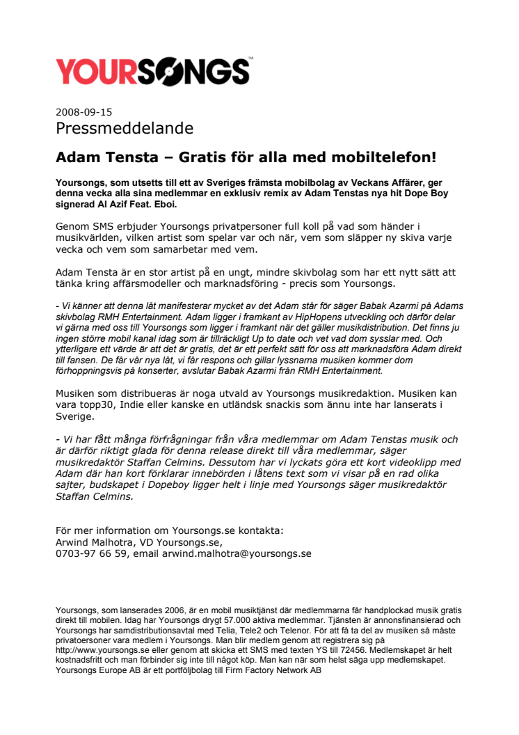 Adam Tensta  - gratis till alla med mobiltelefon!