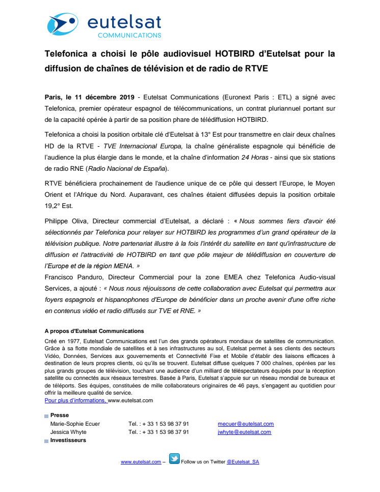 Telefonica a choisi le pôle audiovisuel HOTBIRD d’Eutelsat pour la diffusion de chaînes de télévision et de radio de RTVE