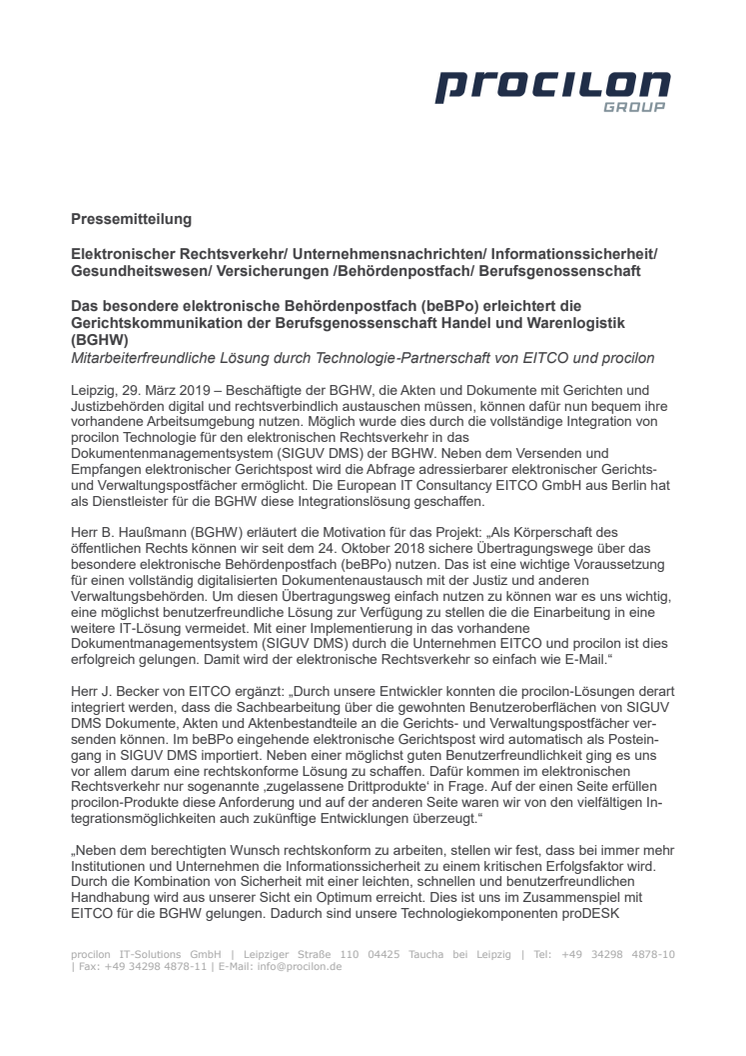 Das besondere elektronische Behördenpostfach (beBPo) erleichtert die Gerichtskommunikation der Berufsgenossenschaft Handel und Warenlogistik (BGHW)