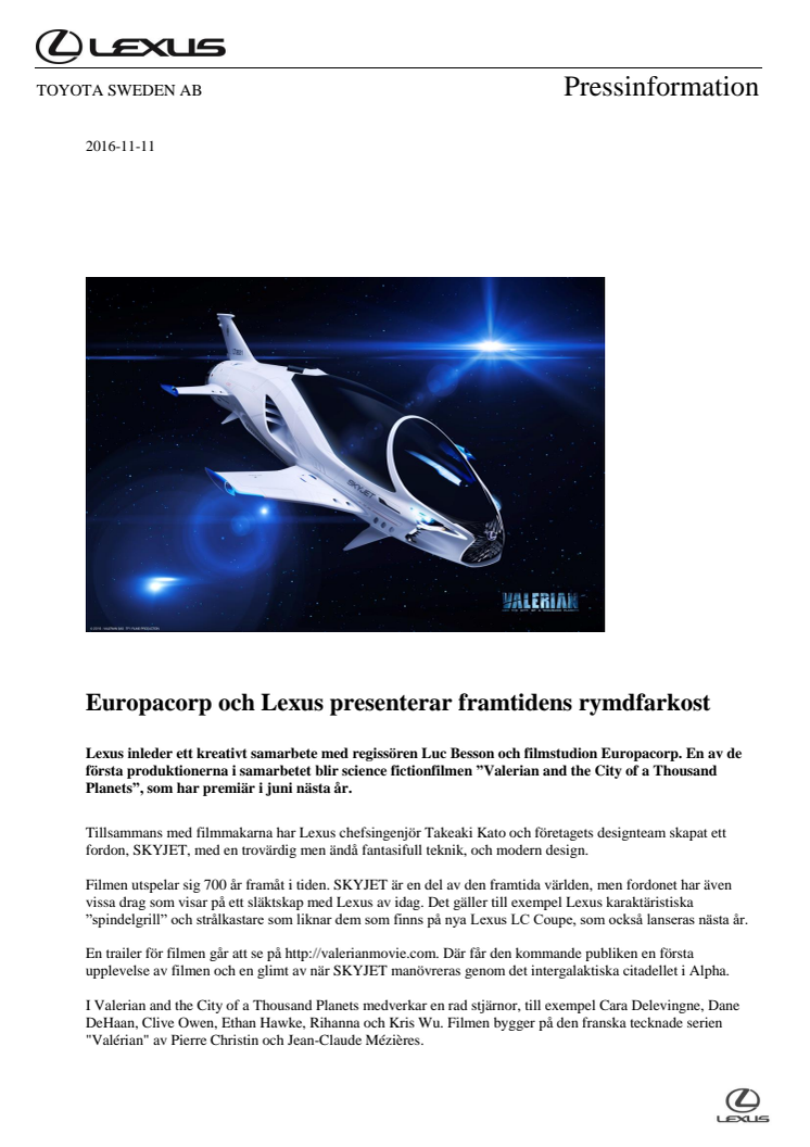 Europacorp och Lexus presenterar framtidens rymdfarkost 
