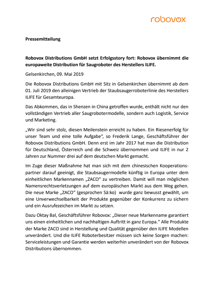 Robovox Distributions GmbH setzt Erfolgsstory fort: Robovox übernimmt die europaweite Distribution für Saugroboter des Herstellers ILIFE.
