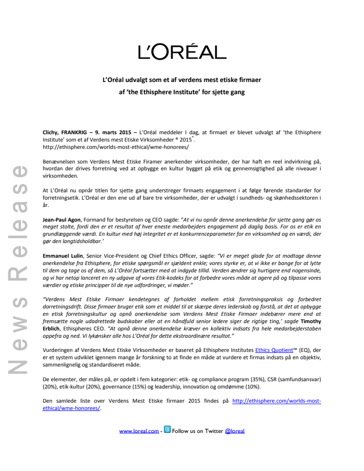 L'Oréal et af Verdens Mest Etiske Firmaer: udvalgt for sjette gang af The Ethisphere Institute
