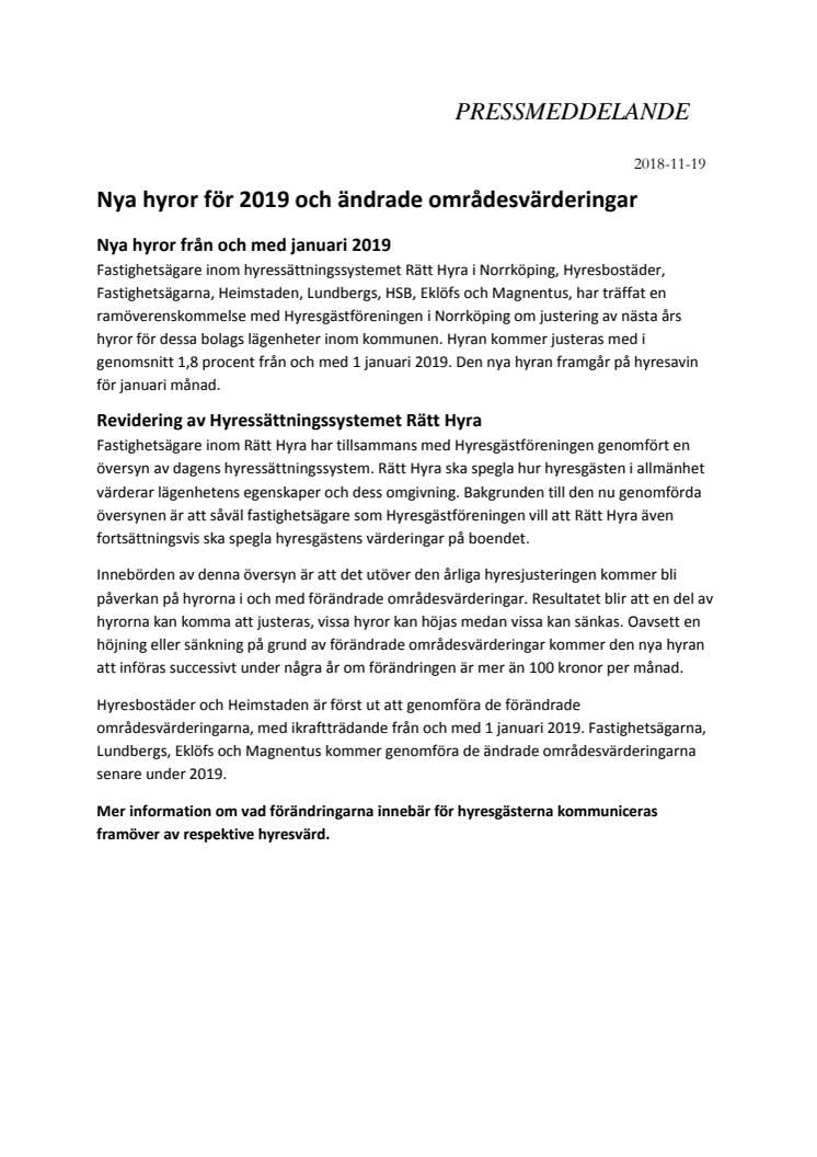 Nya hyror för 2019 och ändrade områdesvärderingar 