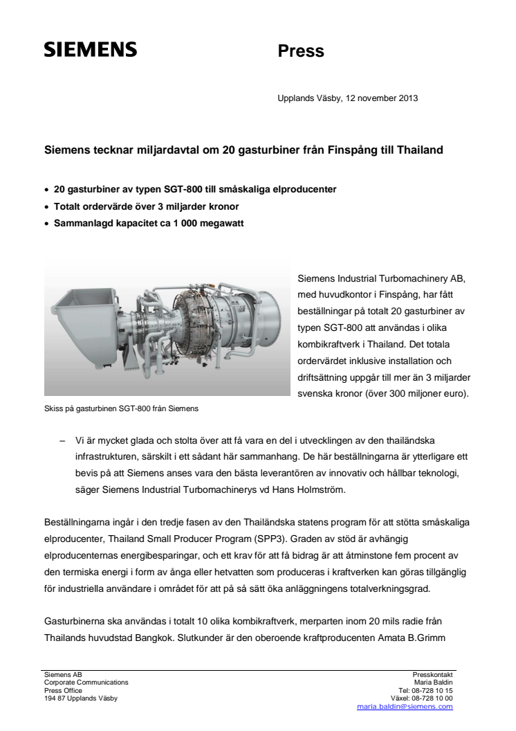 Siemens tecknar miljardavtal om  20 gasturbiner från Finspång till Thailand