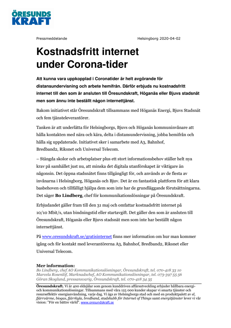 Kostnadsfritt internet under Corona-tider