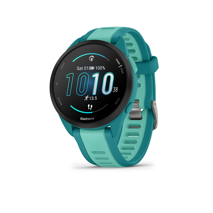 Forerunner165_HR_aqua_front-left_0000_aqua_watchface_outlined