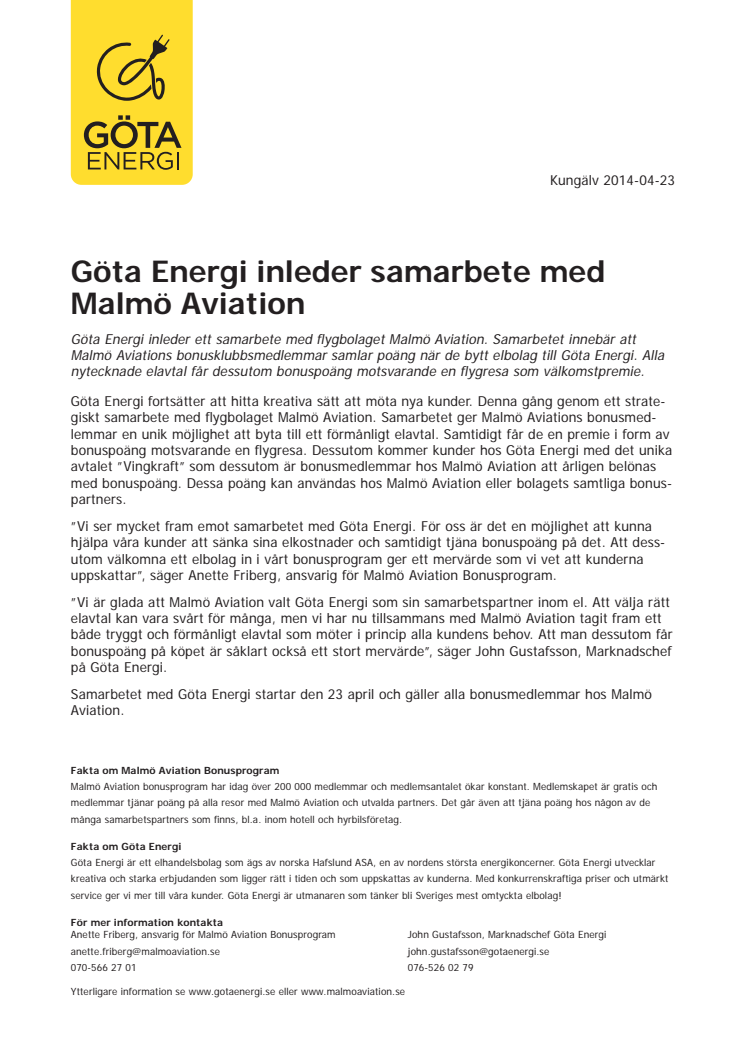 Göta Energi inleder samarbete med Malmö Aviation