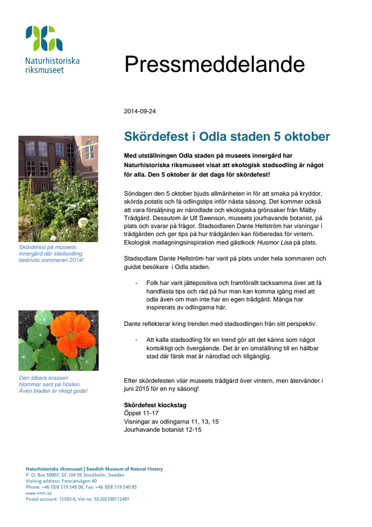 Skördefest i Odla staden 5 oktober