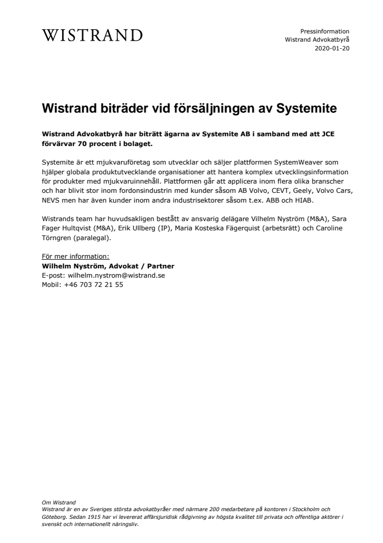 ​Wistrand biträder vid försäljningen av Systemite