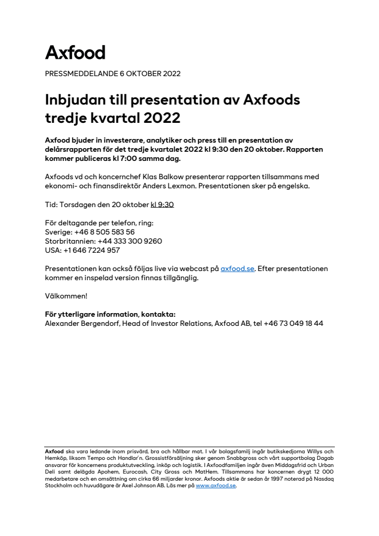 Inbjudan till presentation av Axfoods tredje kvartal 2022 .pdf