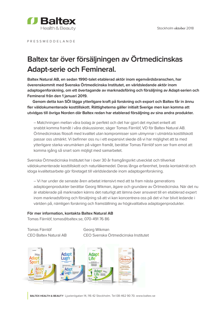 Baltex tar över försäljningen av Örtmedicinskas Adapt-serie och Femineral.