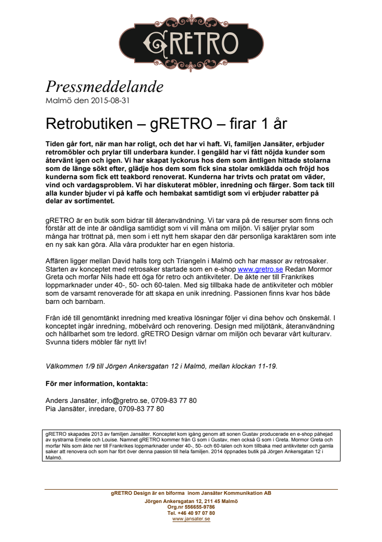 Retrobutiken – gRETRO – firar 1 år 
