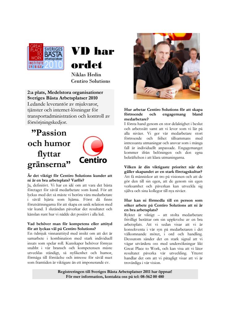 VD har Ordet! Niklas Hedin Centiro Solutions - Sveriges Bästa Arbetsplatser 2010