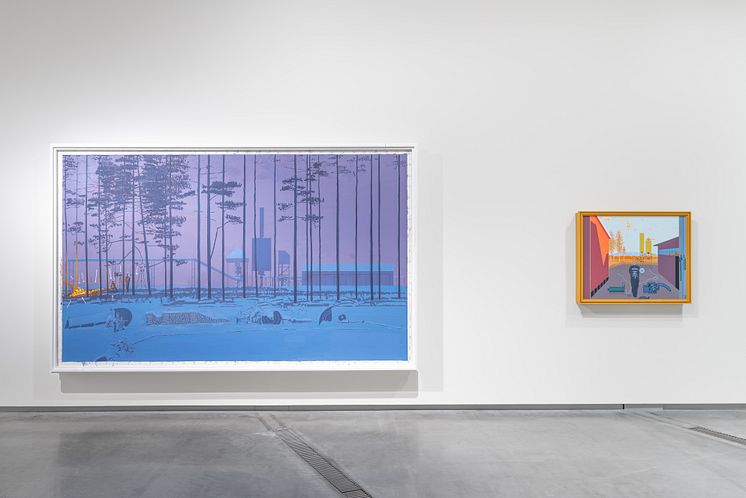 Installation view, Leonard Rickhard, Between Construction and Collapse, Astrup Fearnley Museet, 2024. Left: Vinternatt, 2014 - 2018, Astrup Fearnley Collection. Right: Scene i ettermiddagslyset, 2018 - 2020. Private collection. Photo: Christian Øen