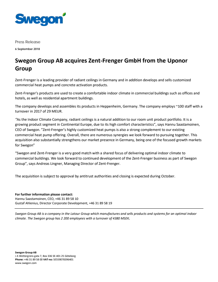 Swegon Group AB acquires leading provider of radiant ceilings