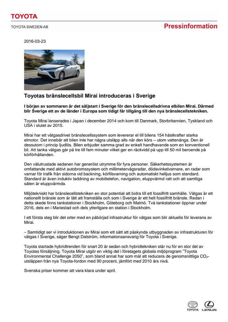 Toyotas bränslecellsbil Mirai introduceras i Sverige
