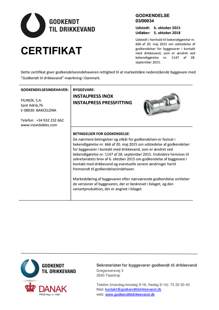 CERTIFIKAT - Godkendt til drikkevand -Fittings