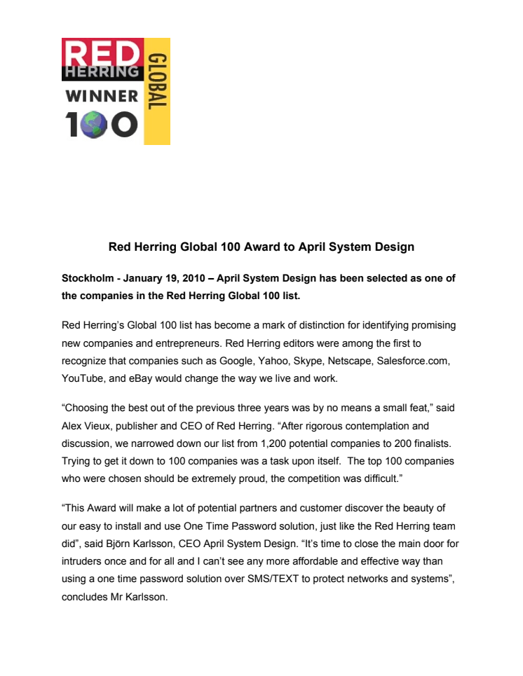 Red Herring Global 100 Award to April System Design