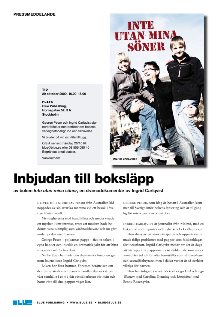 Inbjudan till boksläpp: Inte utan mina söner