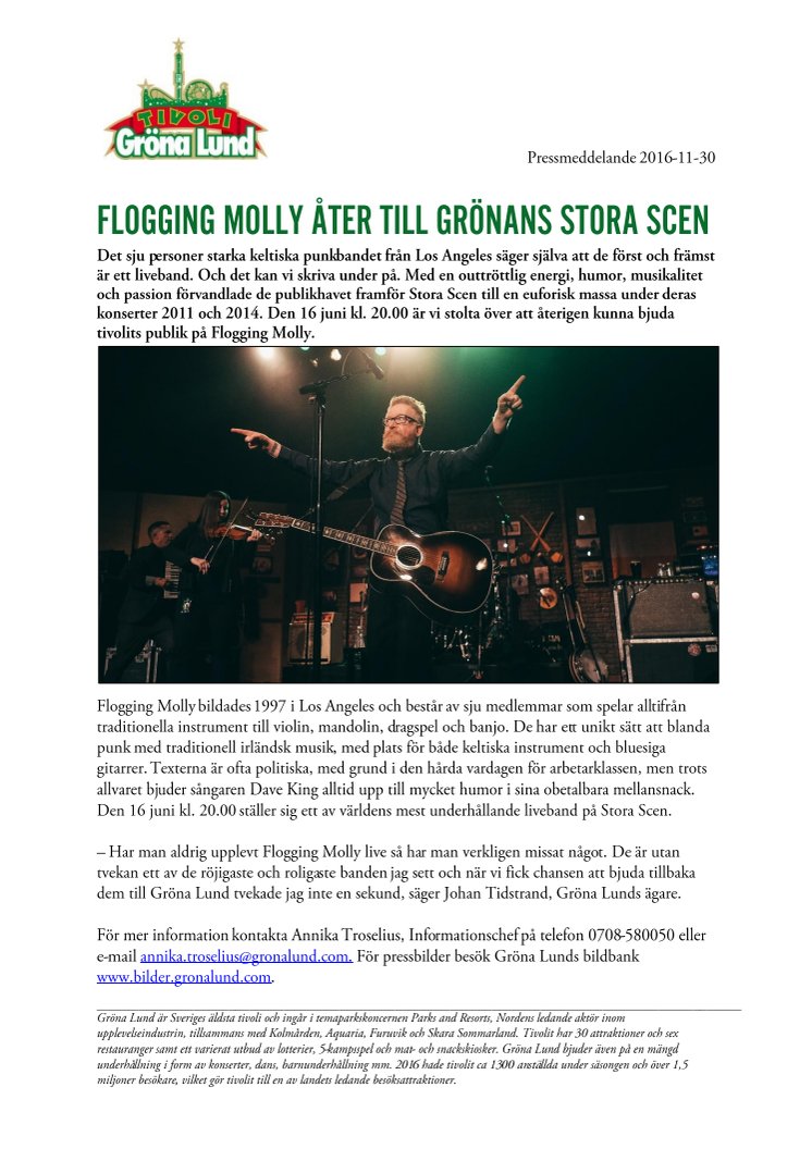 Flogging Molly åter till Grönans Stora Scen