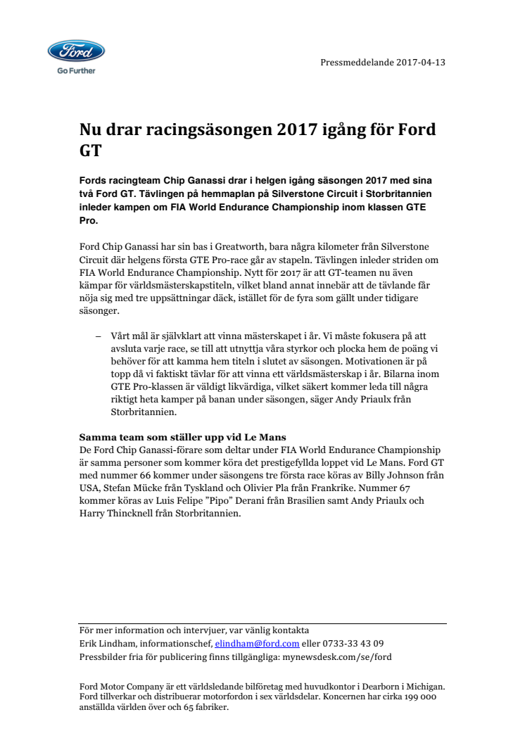 Nu drar racingsäsongen 2017 igång för Ford GT