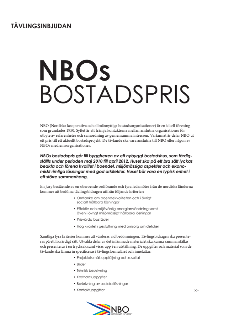 Tävlingsinbjudan NBOs bostadspris 2012