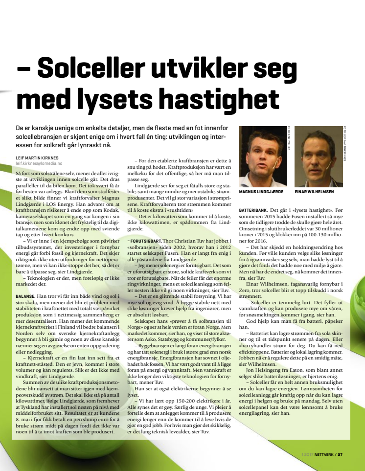 Presseklipp Nettverk - medlemsbladet for El&IT: - Solceller utvikler seg med lysets hastighet