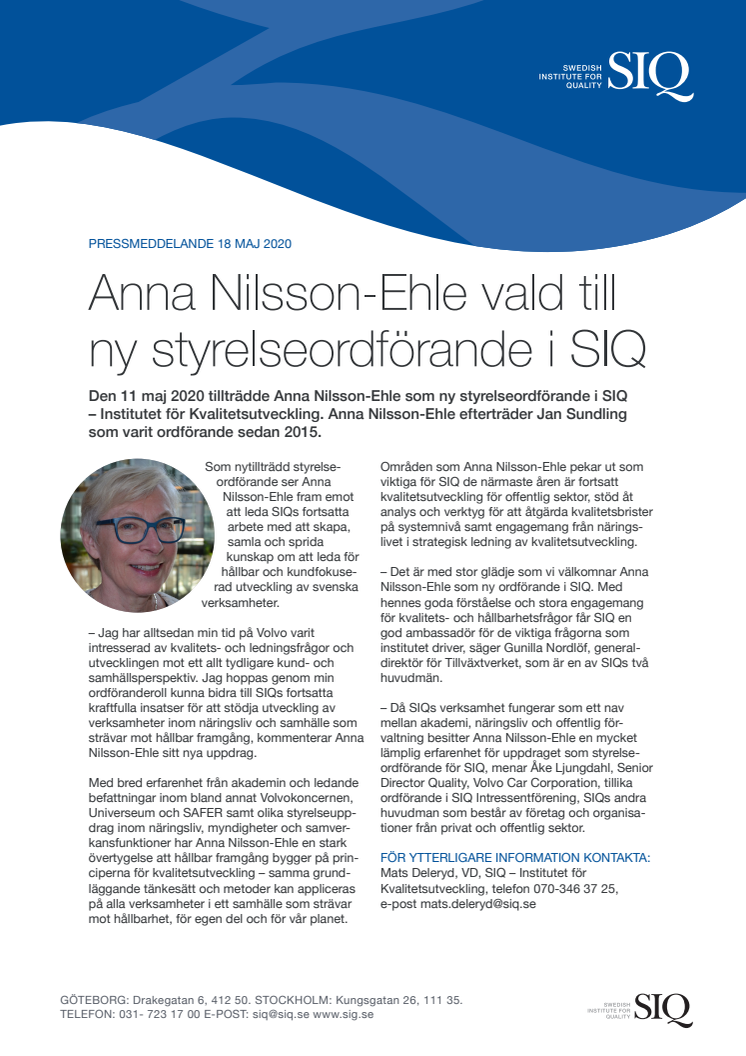 Anna Nilsson-Ehle ny styrelseordförande i SIQ