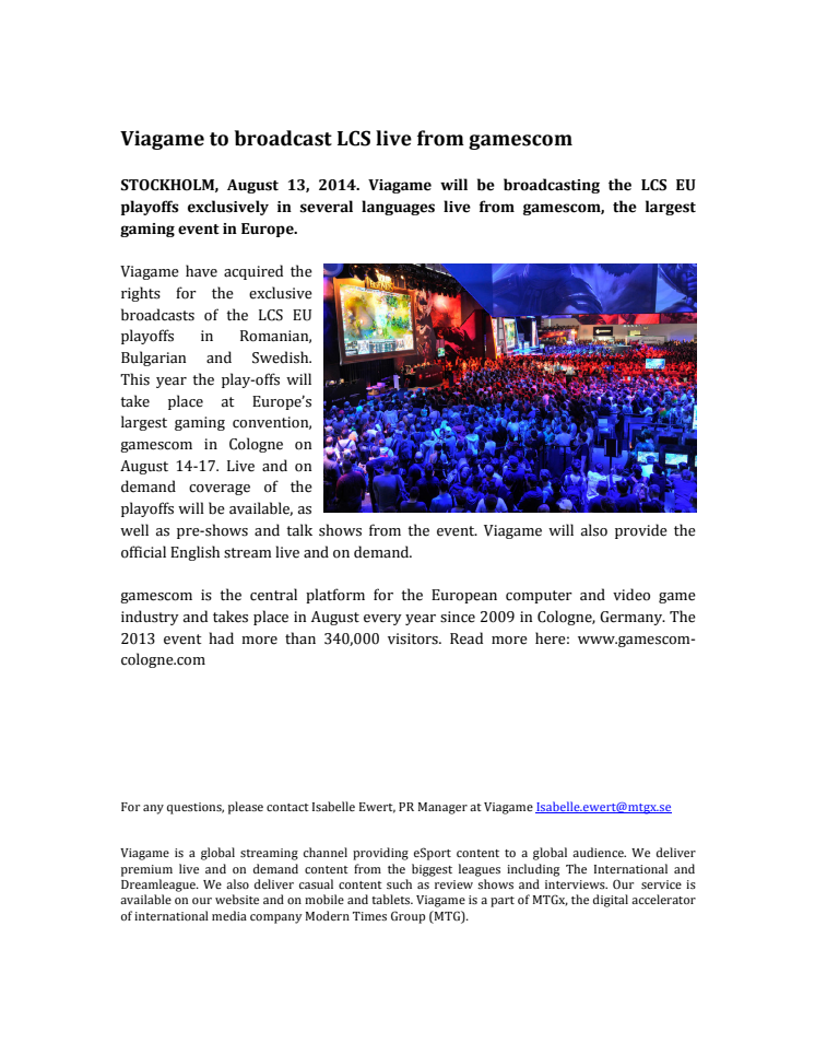 Viagame to broadcast LCS live from gamescom August 14-17