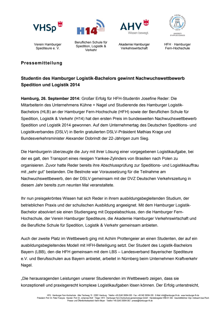 Studentin des Hamburger Logistik-Bachelors gewinnt Nachwuchswettbewerb Spedition und Logistik 2014