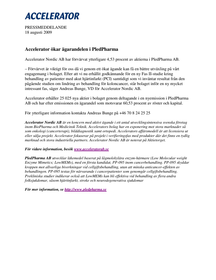 Accelerator ökar ägarandelen i PledPharma 
