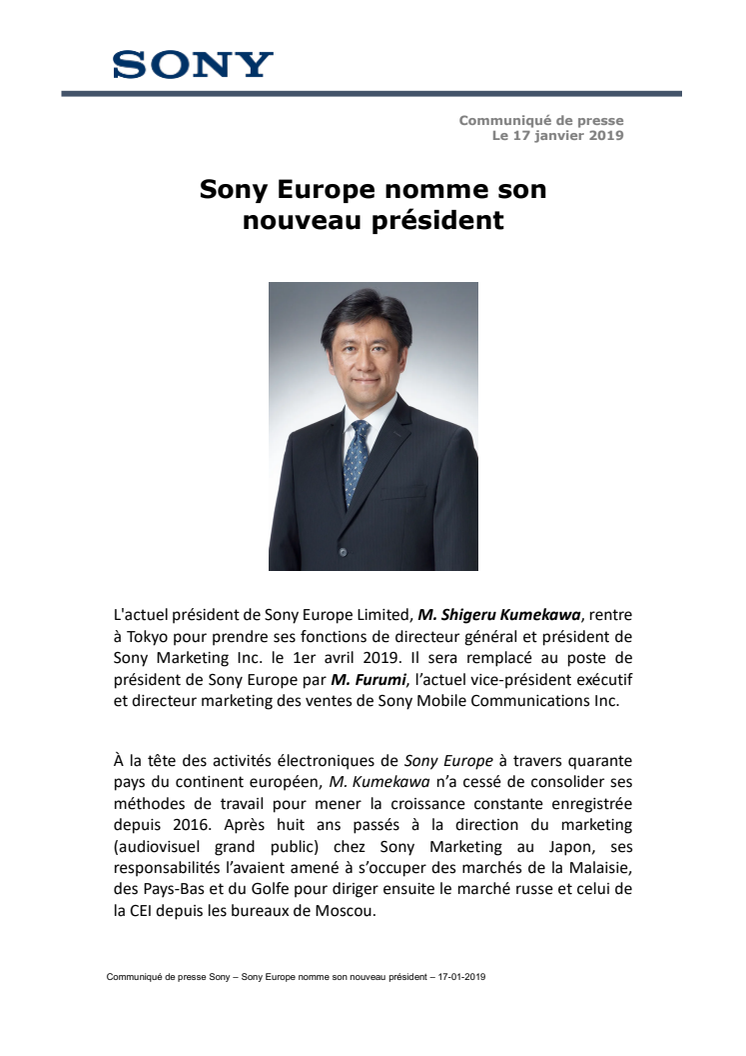 Sony Europe nomme son  nouveau président