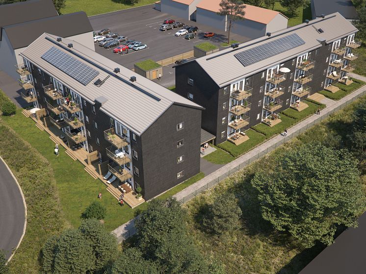 Översiktsillustration av de nya husen i kvarteret BoKlok Staben, Karlskrona. På taken syns solceller som skapar energi till fastighetsel. 