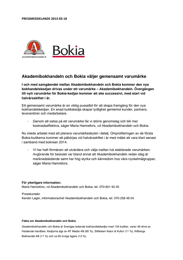 Akademibokhandeln och Bokia väljer gemensamt varumärke