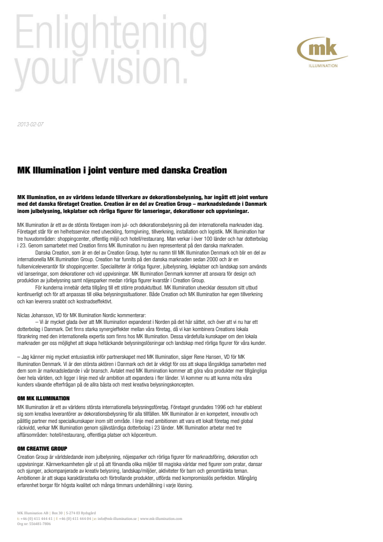 MK Illumination i joint venture med danska Creation