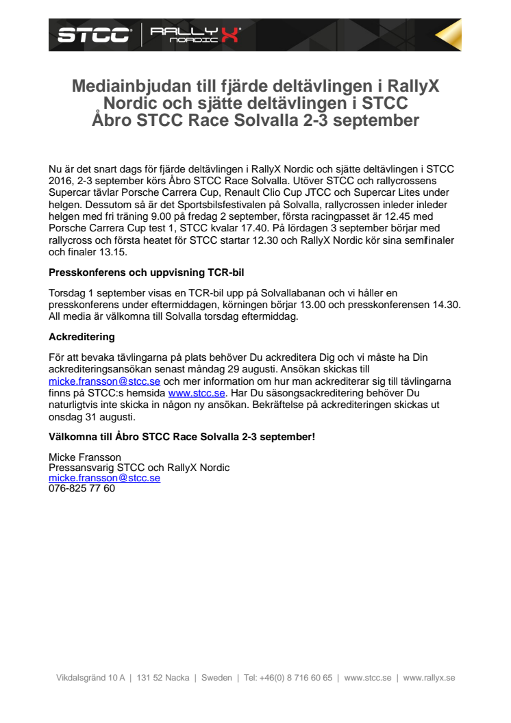 Mediainbjudan RallyX Nordic och STCC Solvalla 2-3/9