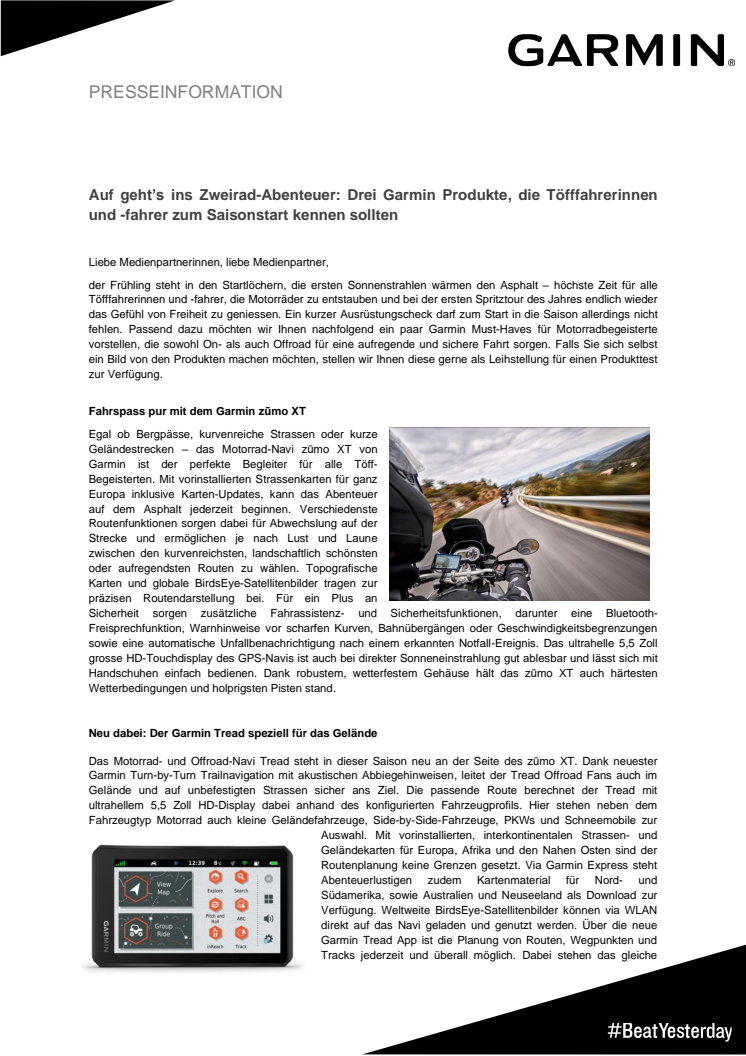 Mailing Garmin Start in die Motorradsaison 2022