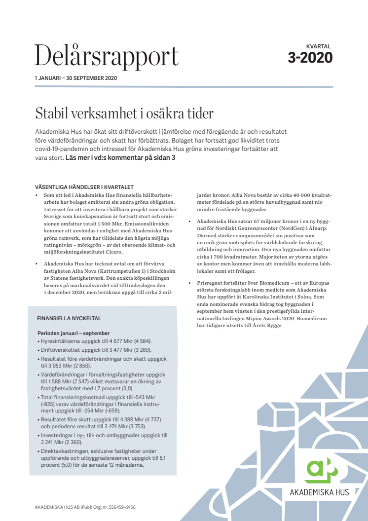 Delårsrapport 1 januari – 30 september 2020