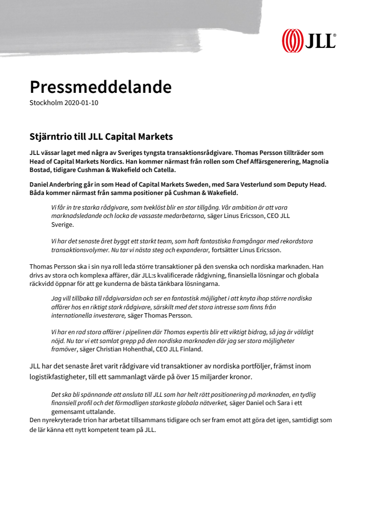 Stjärntrio till JLL Capital Markets 