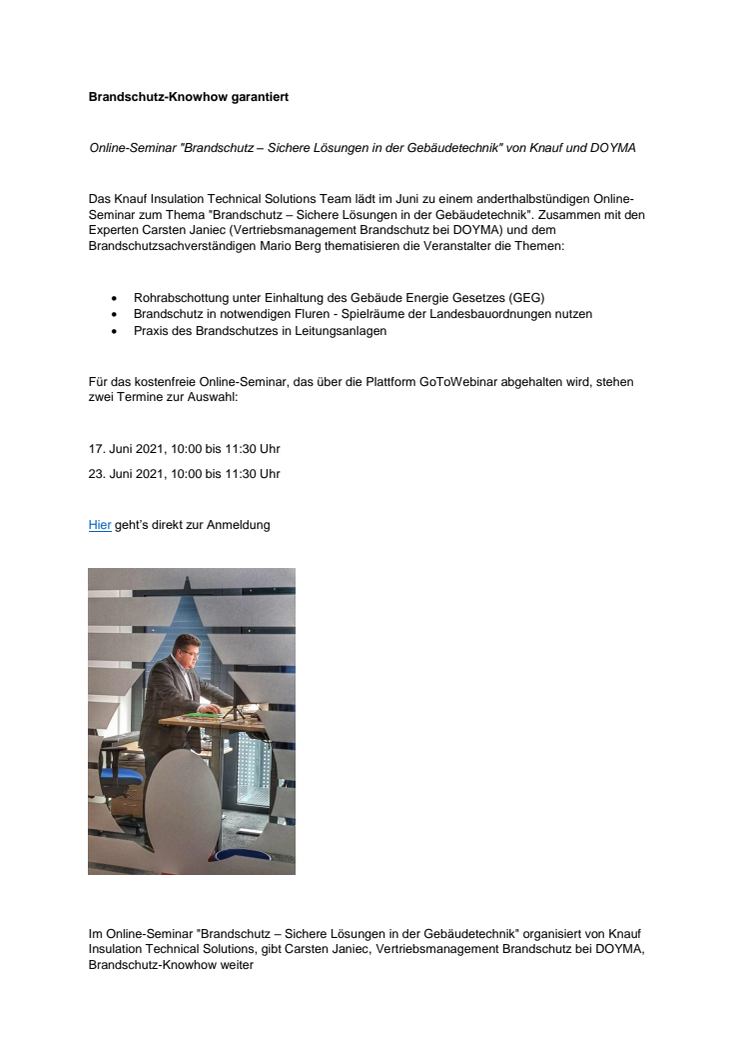 Online-Seminar "Brandschutz – Sichere Lösungen in der Gebäudetechnik" von Knauf und DOYMA