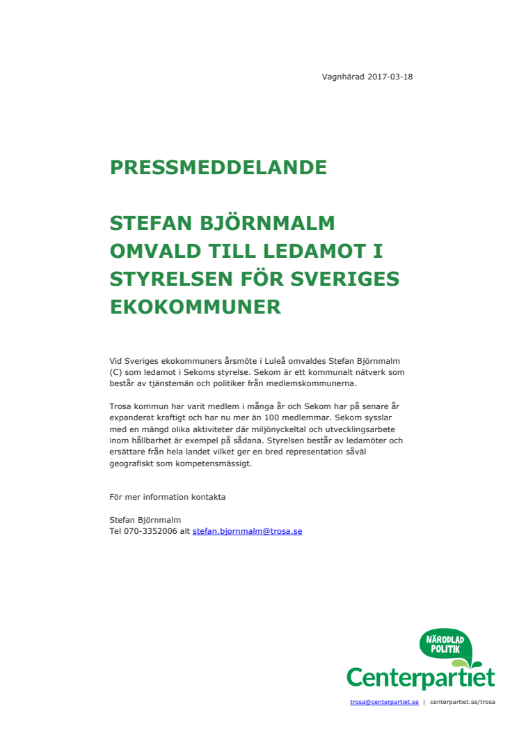 Stefan Björnmalm omvald till ledamot i styrelsen för Sveriges Ekokommuner