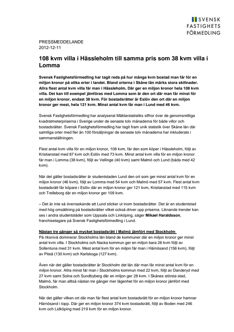 Pressmeddelande: 108 kvm villa i Hässleholm till samma pris som 38 kvm villa i Lomma
