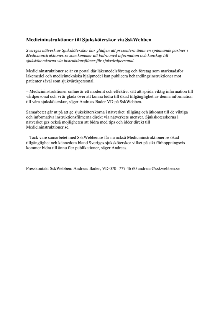 Medicininstruktioner till Sjuksköterskor via SskWebben