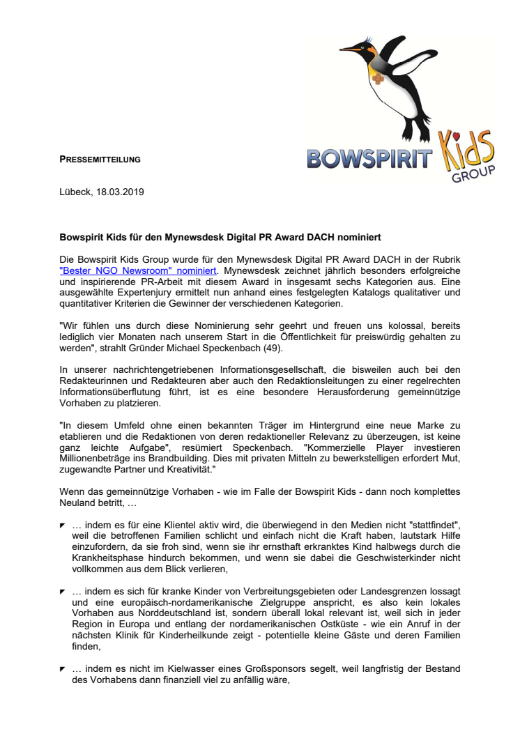 Bowspirit Kids für den Mynewsdesk Digital PR Award DACH nominiert