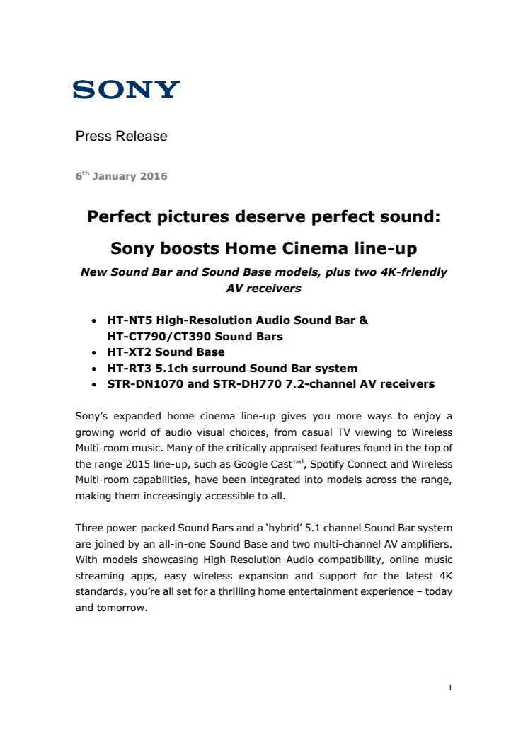 Perfekte bilder fortjener perfekt lyd: Sony forsterker hjemmekino-serien